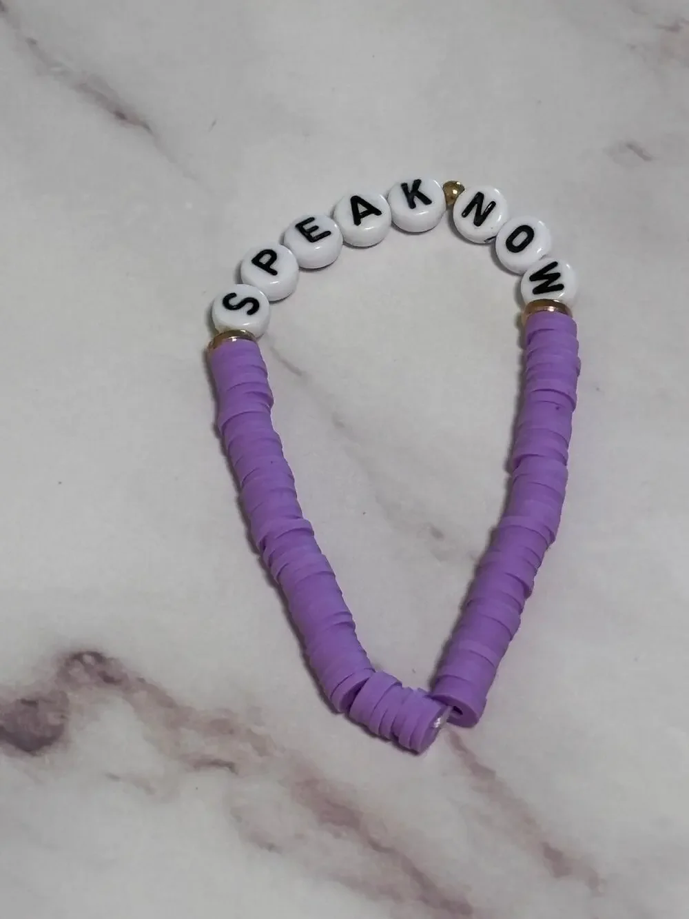 Speak Now Purple Heishi Word Bracelet 7 Inch Polymer Clay Gold White Letter Bead